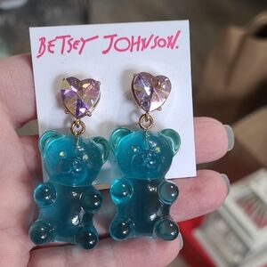 Newest Tag Betsey Johnson Blue Gummy Bear Earrings Heart Crystal